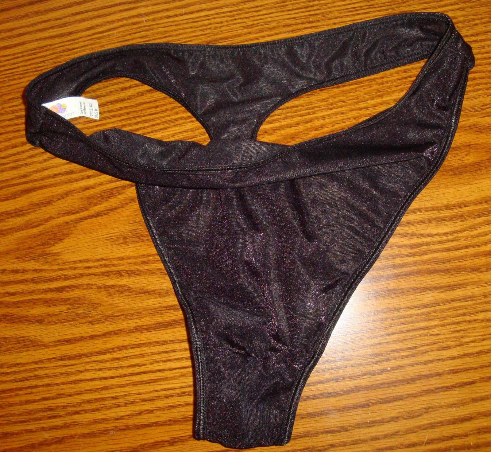 Fruit of the Loom M L Black Lycra Spandex Shiny Shimmery Thong Vintage #433