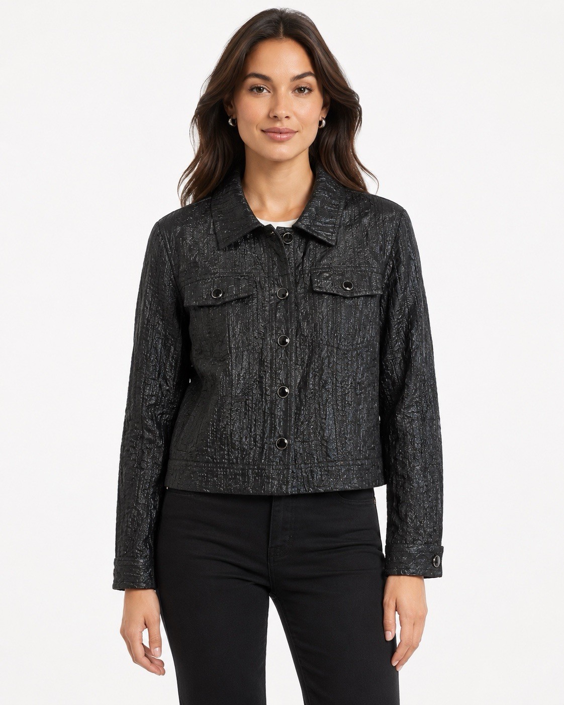 Erin by Erin London Black Crinkle Shimmer Jacket Womens XL Button Front Cropped