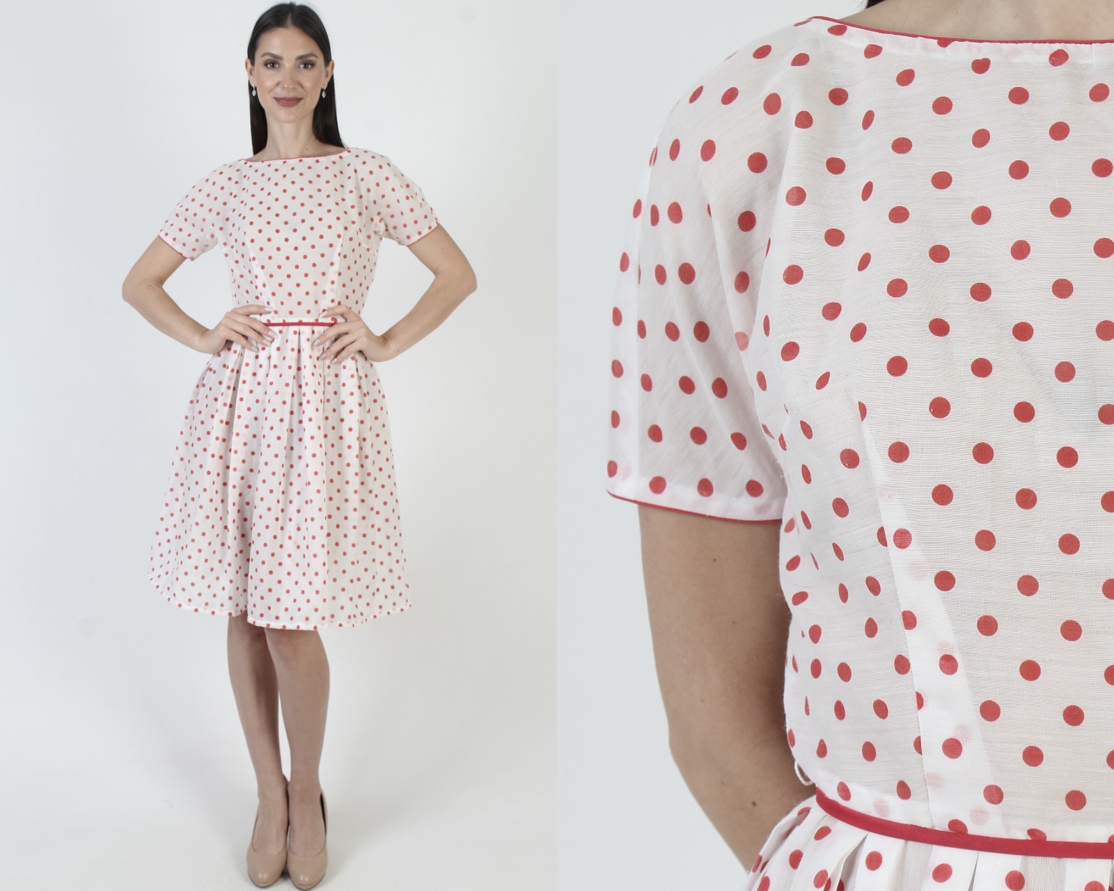 Vintage 50s L&rsquo;Aiglon White Cotton Dress Red Polka Dot Rockabilly Pin Up Sundress