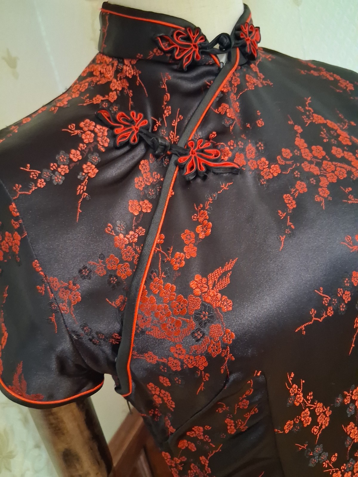 Vintage 1980s/90s Black Red Cherry Blossom Brocade Satin Cheongsam Chinese Dress
