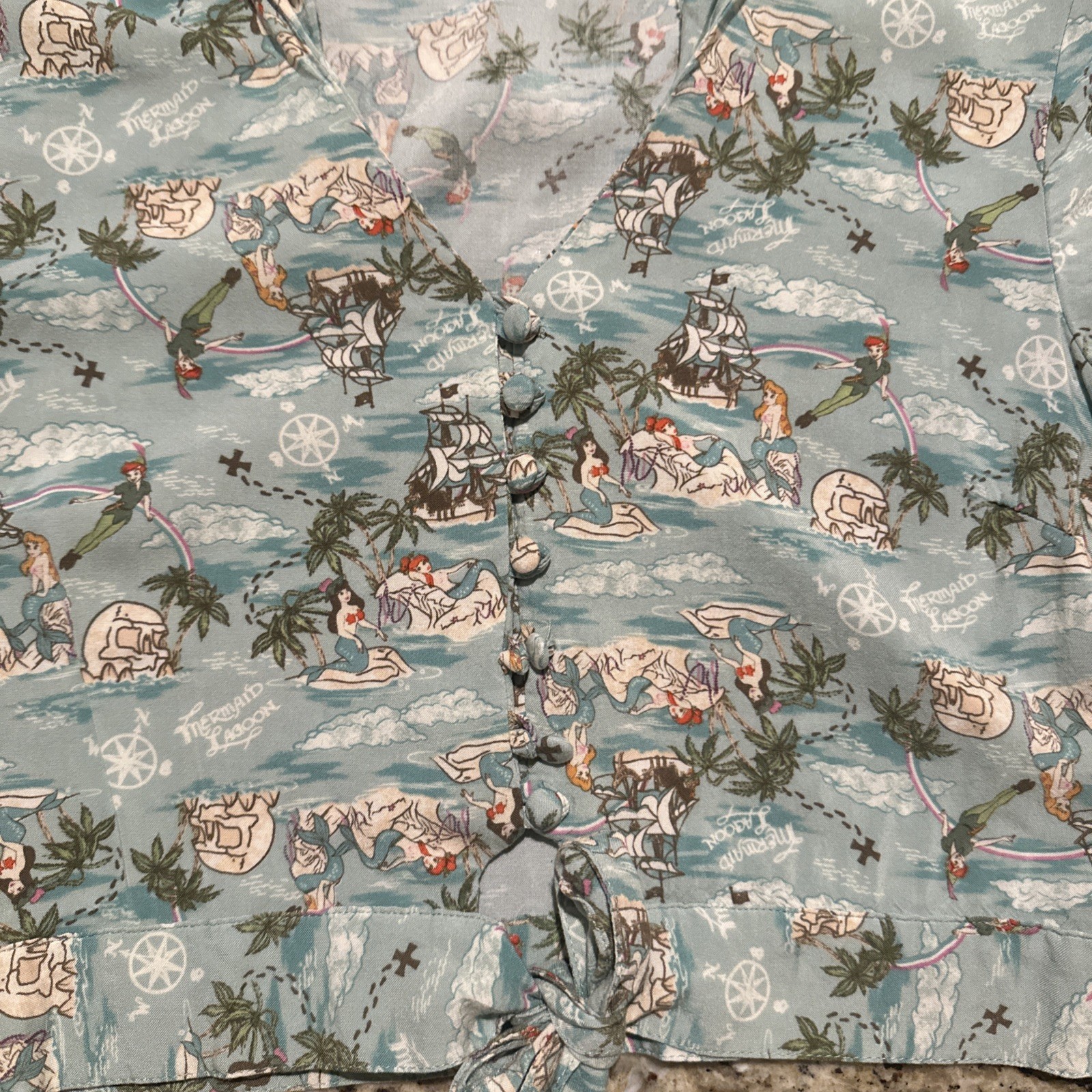 Disney Mermaid Lagoon Peter Pan Top, Blouse W/ Ties, Collar & 7 Buttons Size Sm