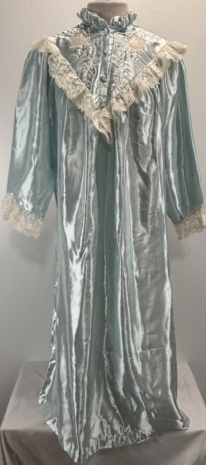 Vtg Victorian Style Satin Nightgown Women’s 42” Bust Ice Blue Lace Ruffle Trim