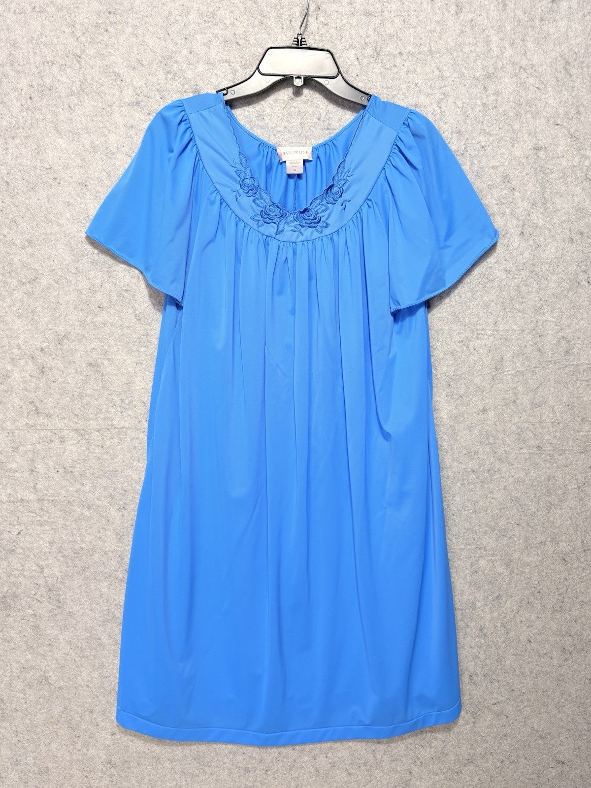 VTG Shadowline 1X Blue Nightgown Nylon Embroidered Floral Plus Size Soft