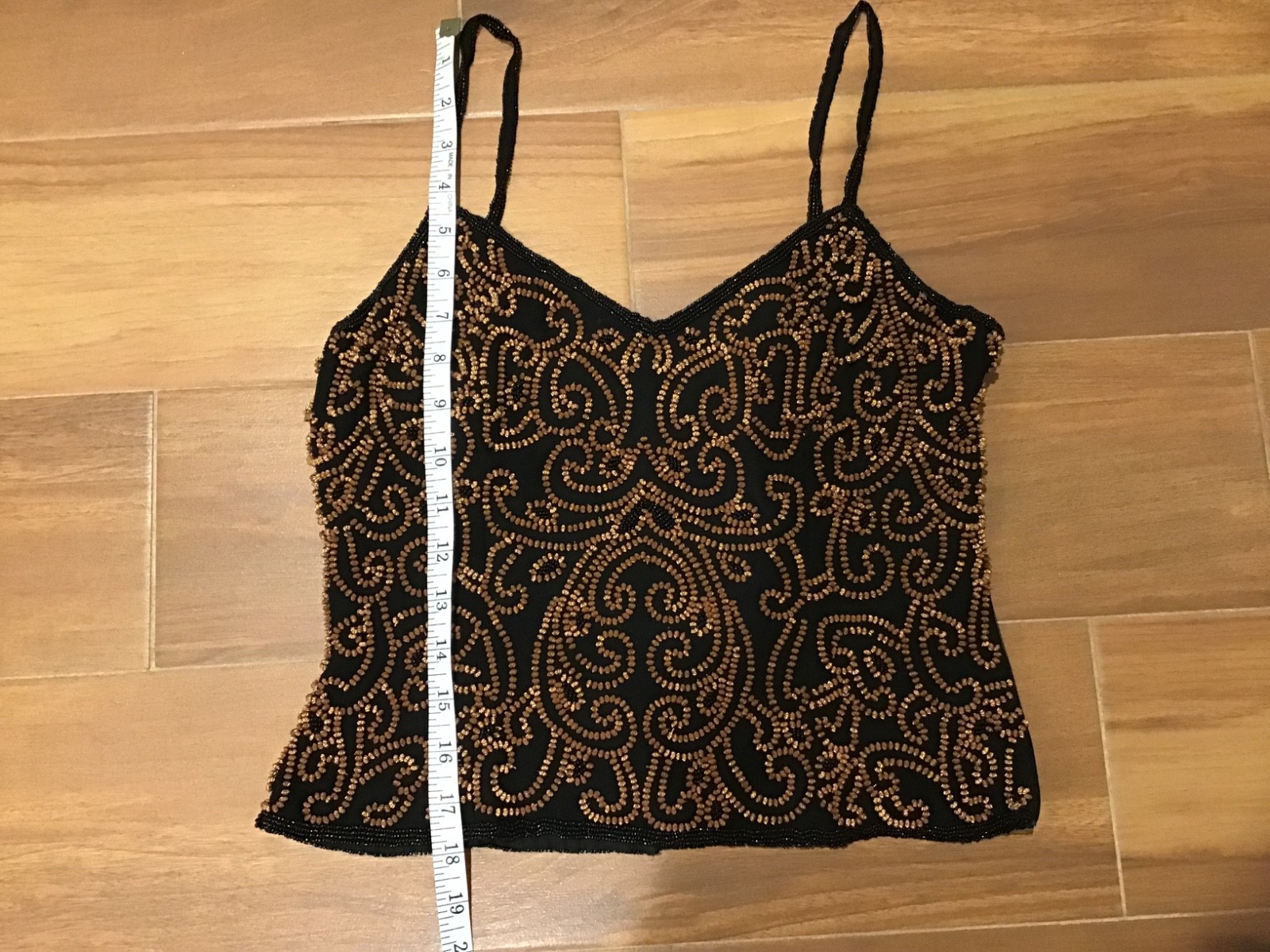 Vintage 90s Cache Black Beaded Cami Top Size 2 Bronze Embellished Boned Corset
