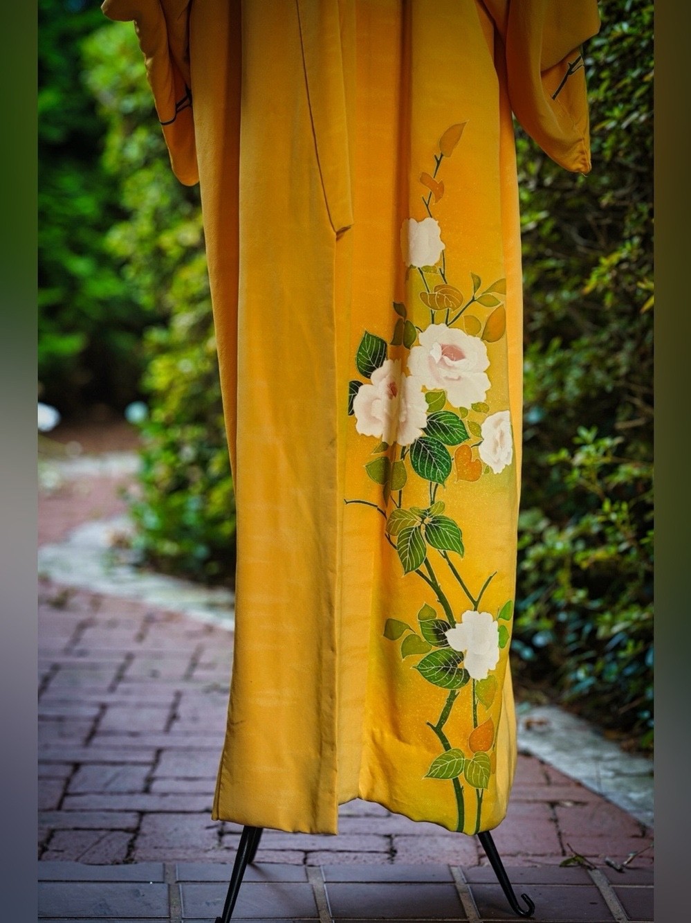 Vintage Hand-Painted Marigold Yellow Floral Long Robe / Duster