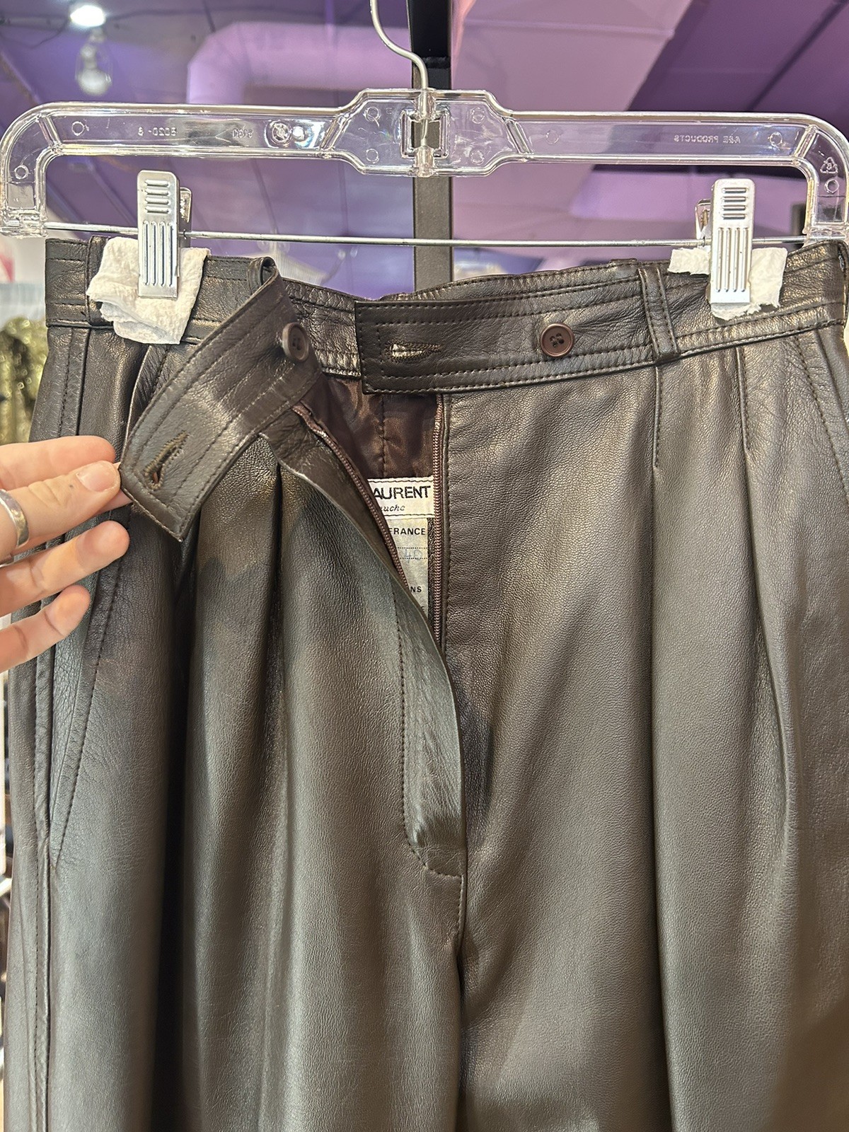 Vntg 1970s YSL Rive Gauche Brown Lambskin Leather Pants, Sz 26 Waist