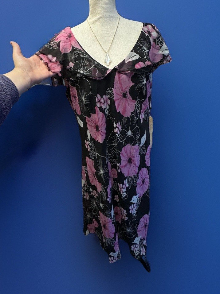 Vintage 90s Y2K Cocktail Dress sz 18W Floral Black Pink Hanky Flare Fairy Goth