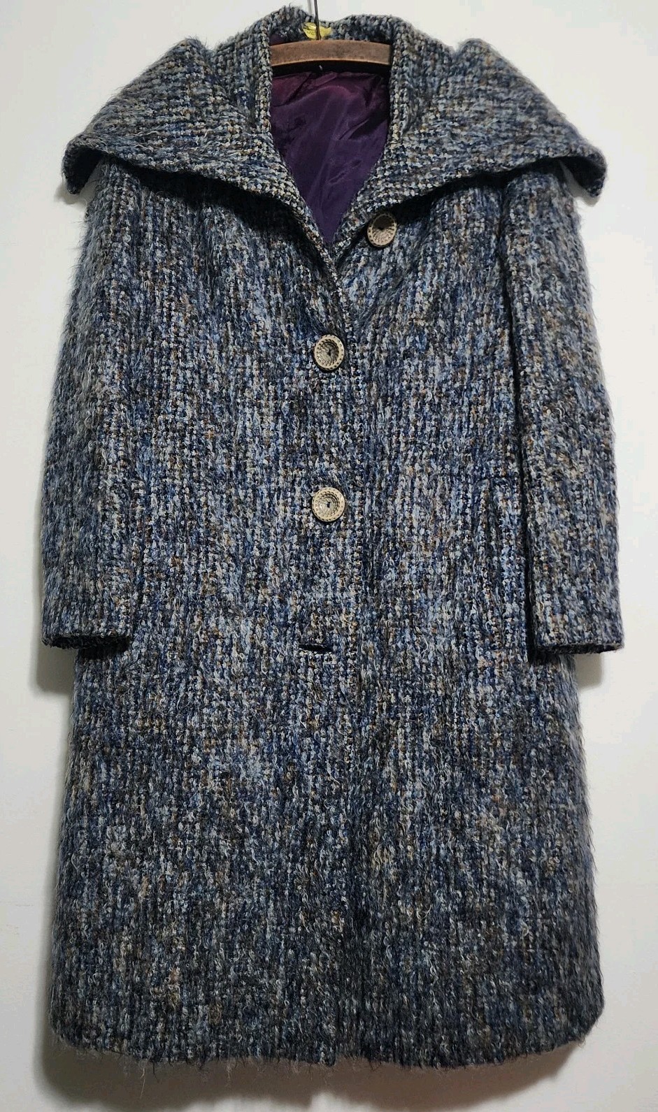 VTG 60s Asta of London Blue Tweed Mod Coat Statement Buttons Purple Lining Fuzzy