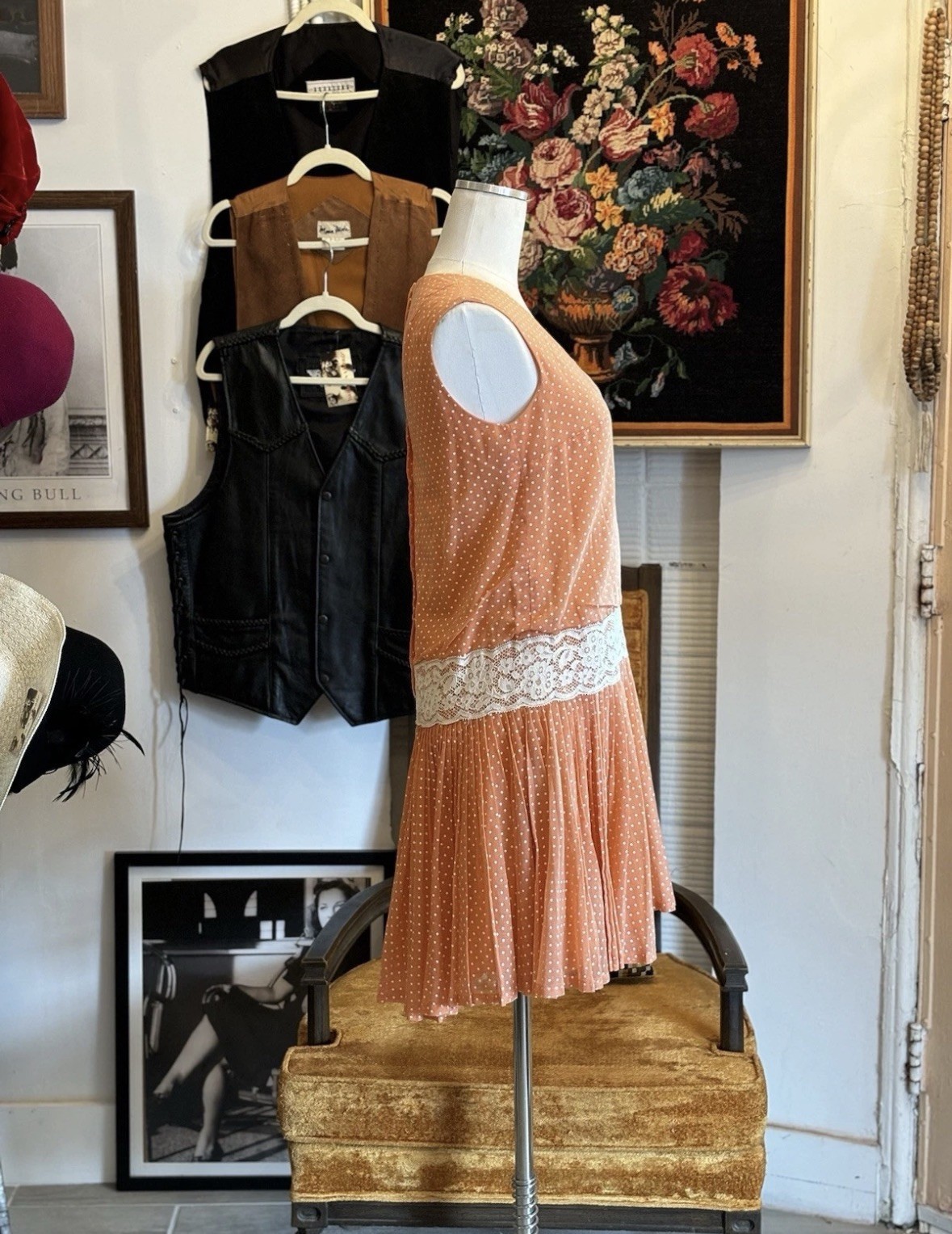 Vintage 60&rsquo;s Orange Polka Dot Dress Cotton Drop Waist Lace Size Small Medium
