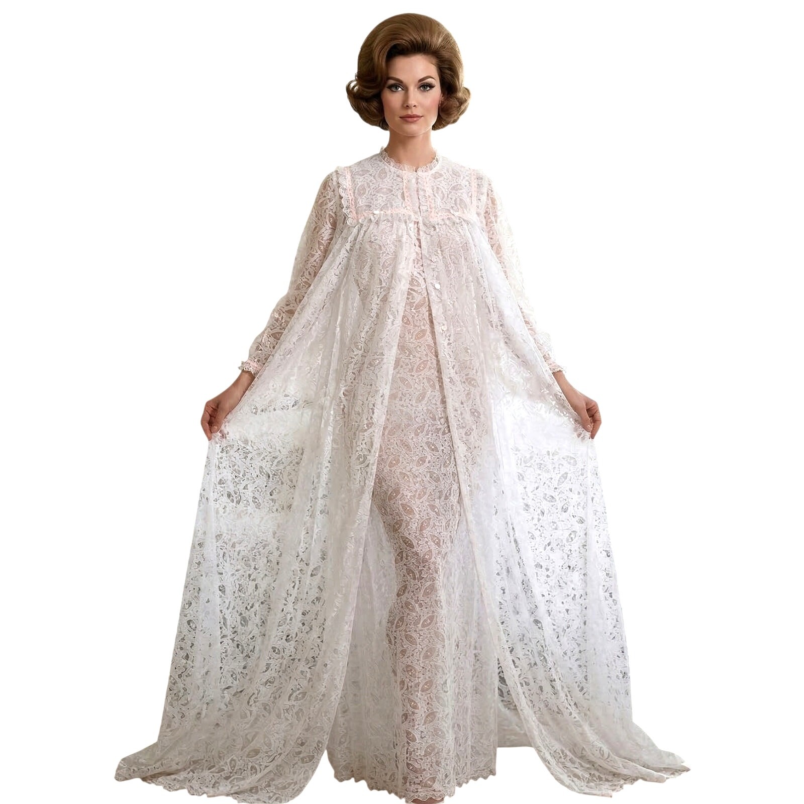 VTG 1960s Perri Ann Peignoir Set White Lace Bridal Nylon M L Romantic M/L