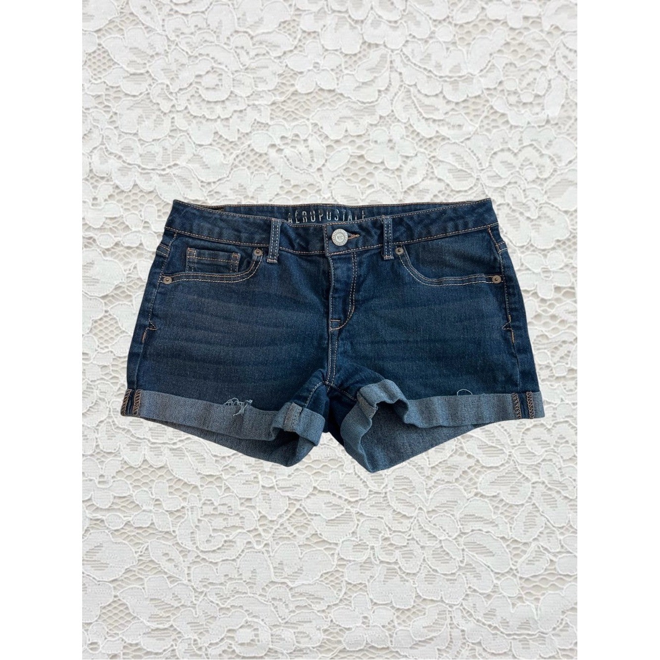 vintage aeropostale low rise dark wash cuffed mini shorts