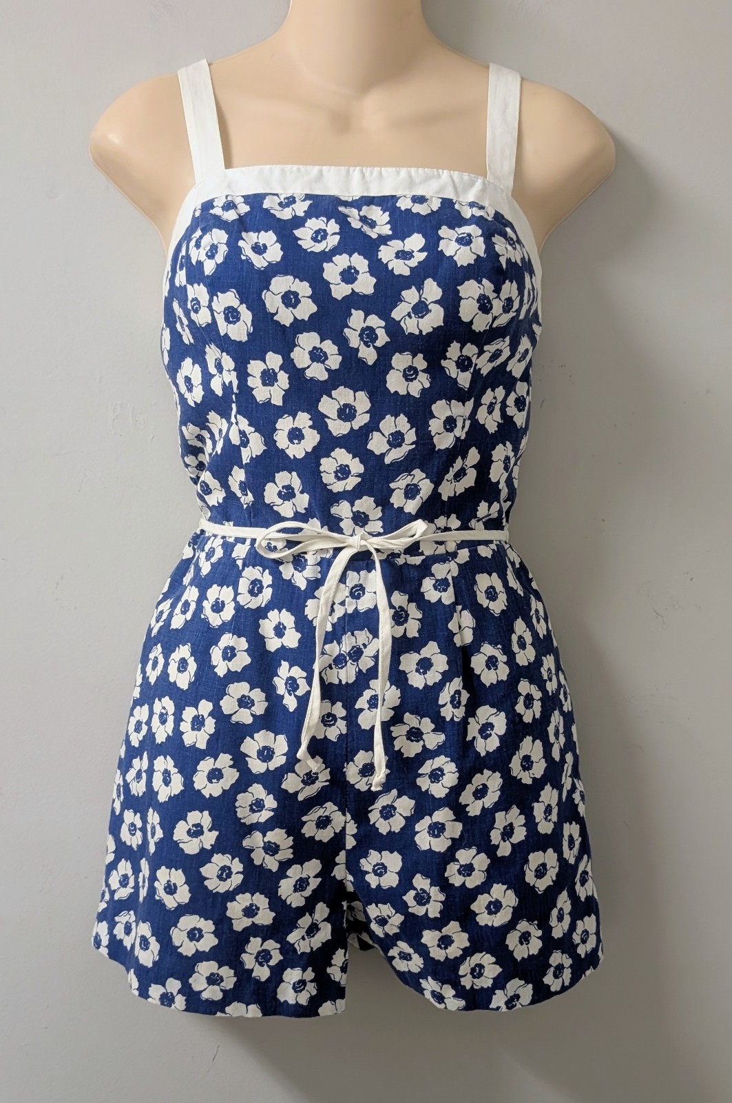 Vintage Sea Waves Floral Blue White Playsuit Romper Smocked Soft Bra S/M