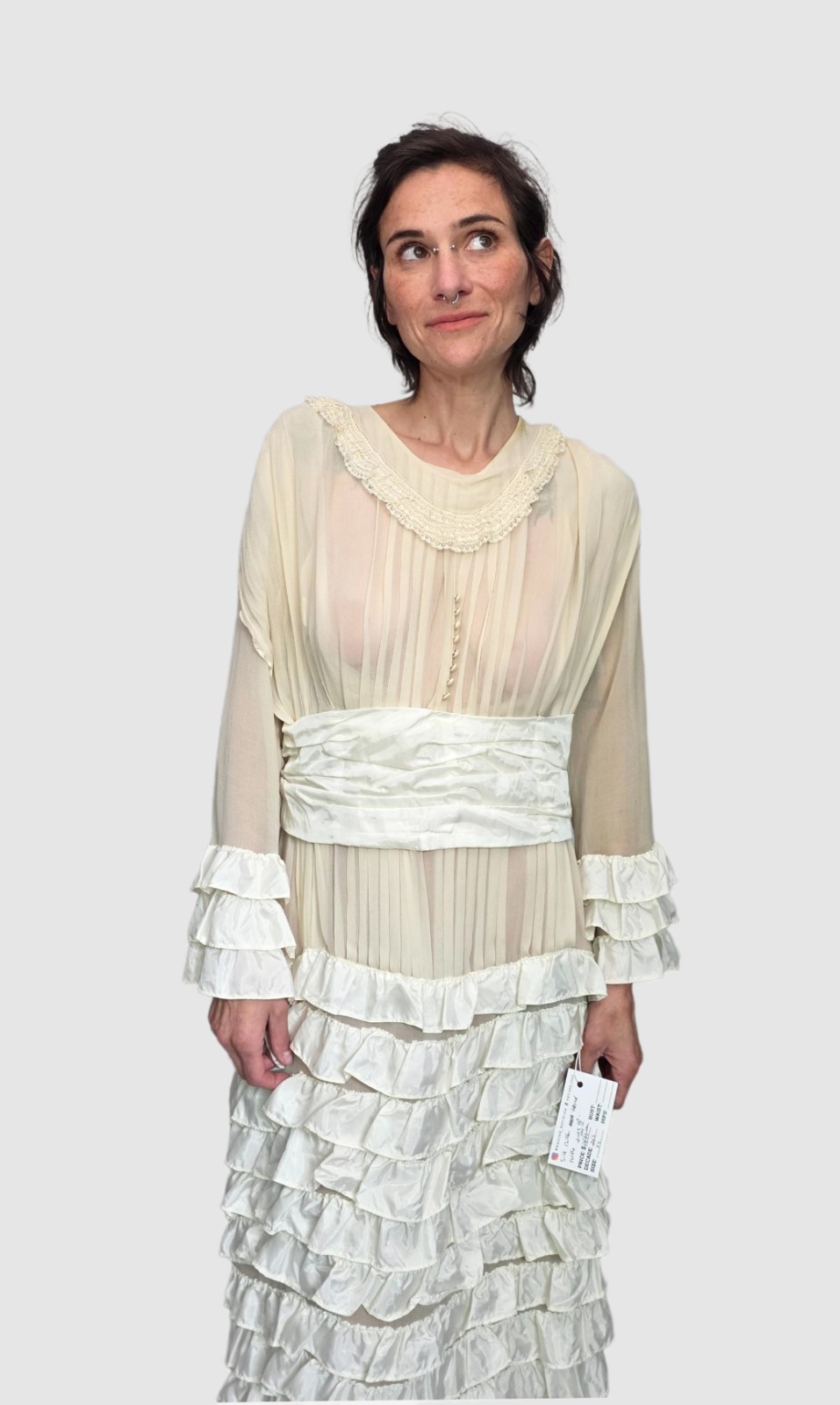 1920s Ivory Silk Chiffon & Taffeta Flapper Dress | Tiered Ruffle Art Deco…