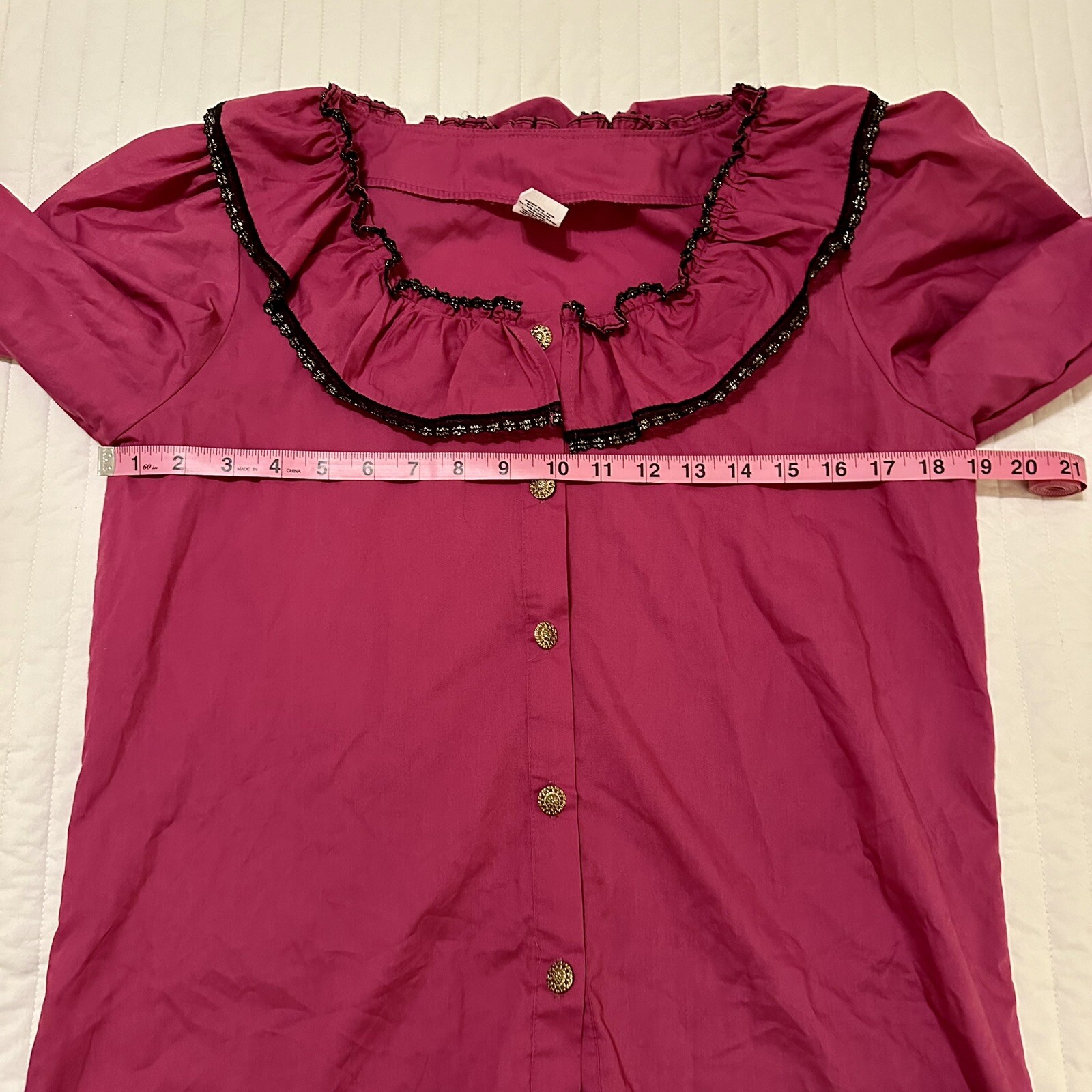 Vintage Malco Modes Puff Sleeve Top Size USA made Pink Lace Trim Squaredance S