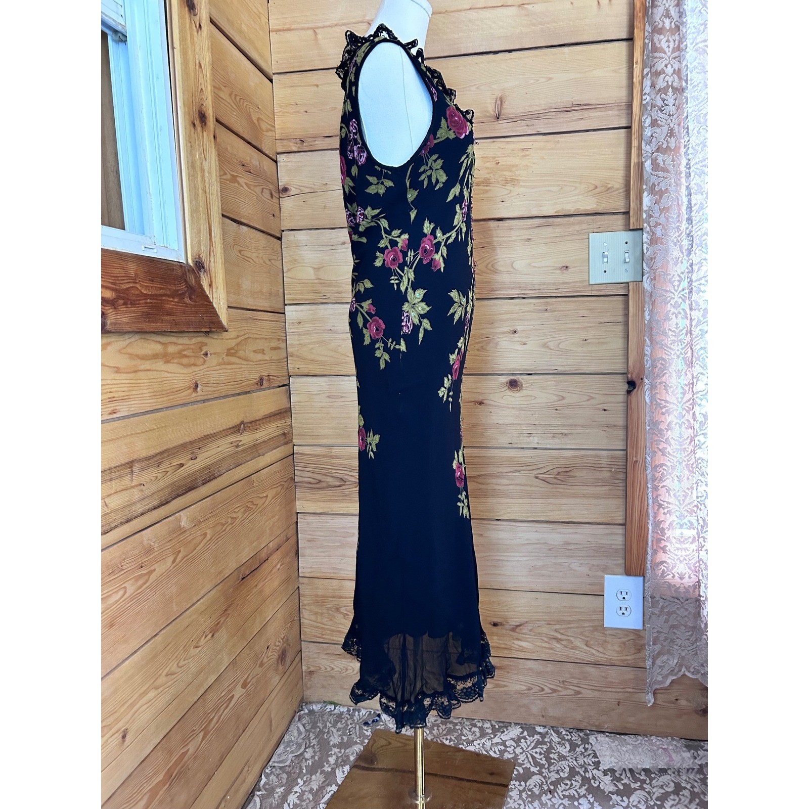 Vintage Maxi Dress Womens 14 Petite Black Floral Beaded Lace Jessica McClintock