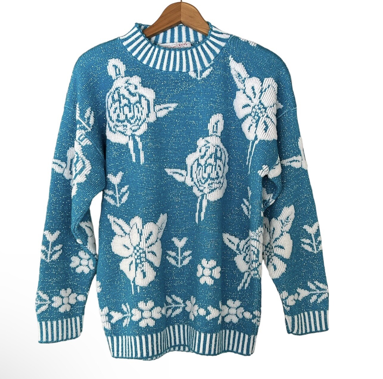 Glamour Knit Vtg 80s Sweater Womens Size L Blue Silver Sparkle Floral Acrylic
