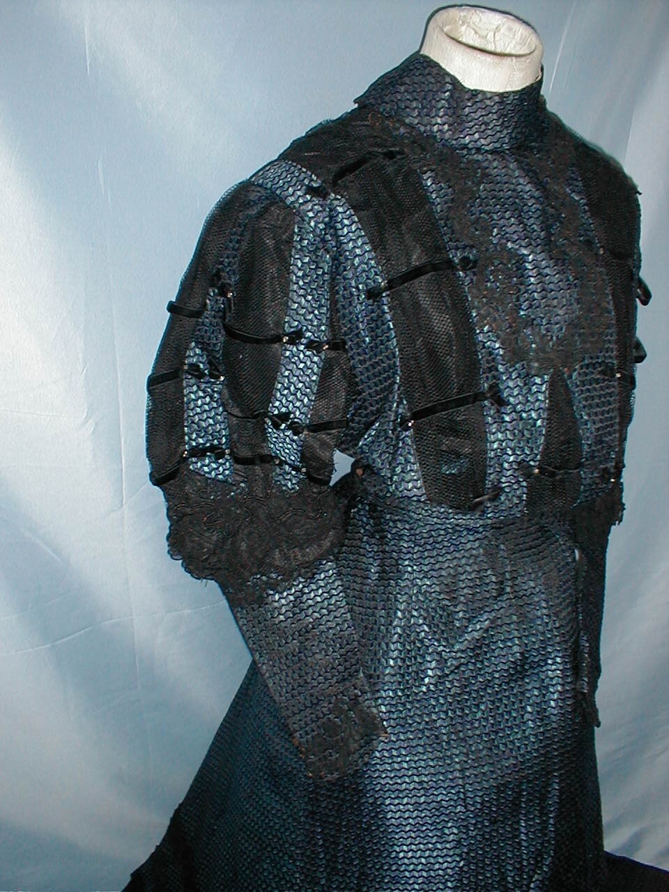 Ornate Antique Dress Victorian 1890&rsquo;s Blue and Black Print Silk Lavish Trims