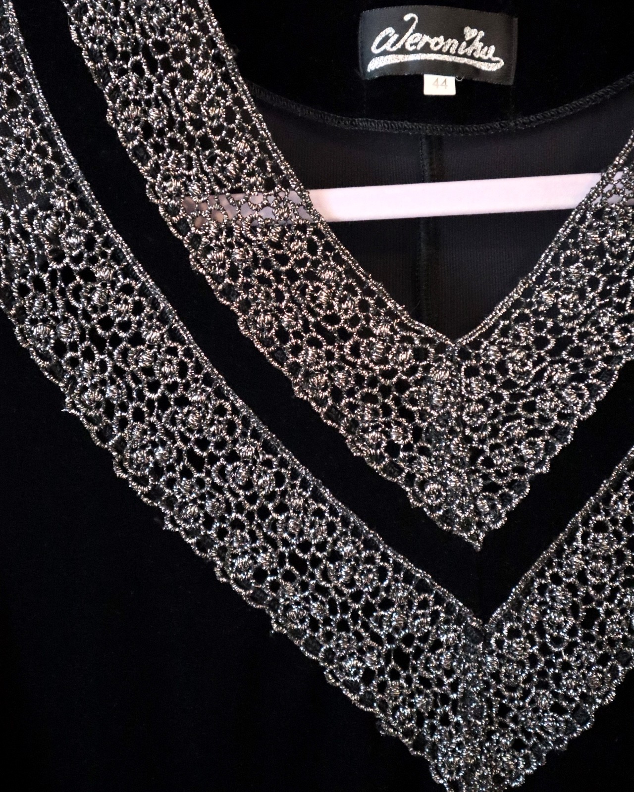Vintage Black Velvet Mini Dress Silver Beaded V Neck Long Sleeve Italy 44