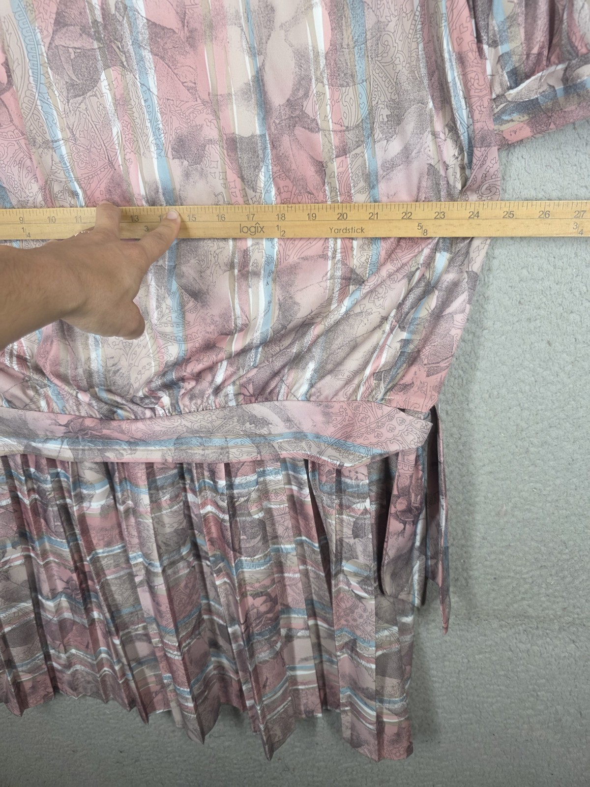 Vintage 80s Dress Size 16 Pink Stripe Pleated Drop Waist