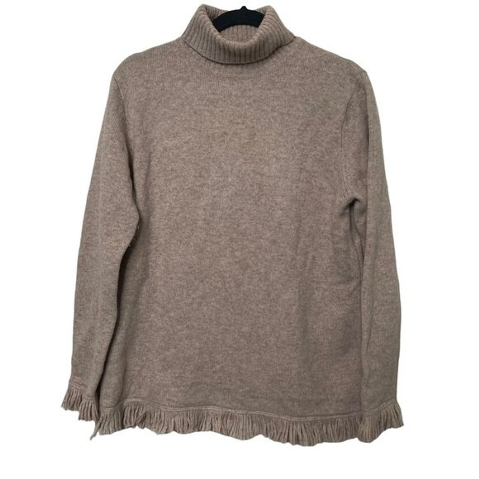 Rafaella 100% Lambswool Turtleneck Sweater Sz M Fringe Neutral Tan Beige