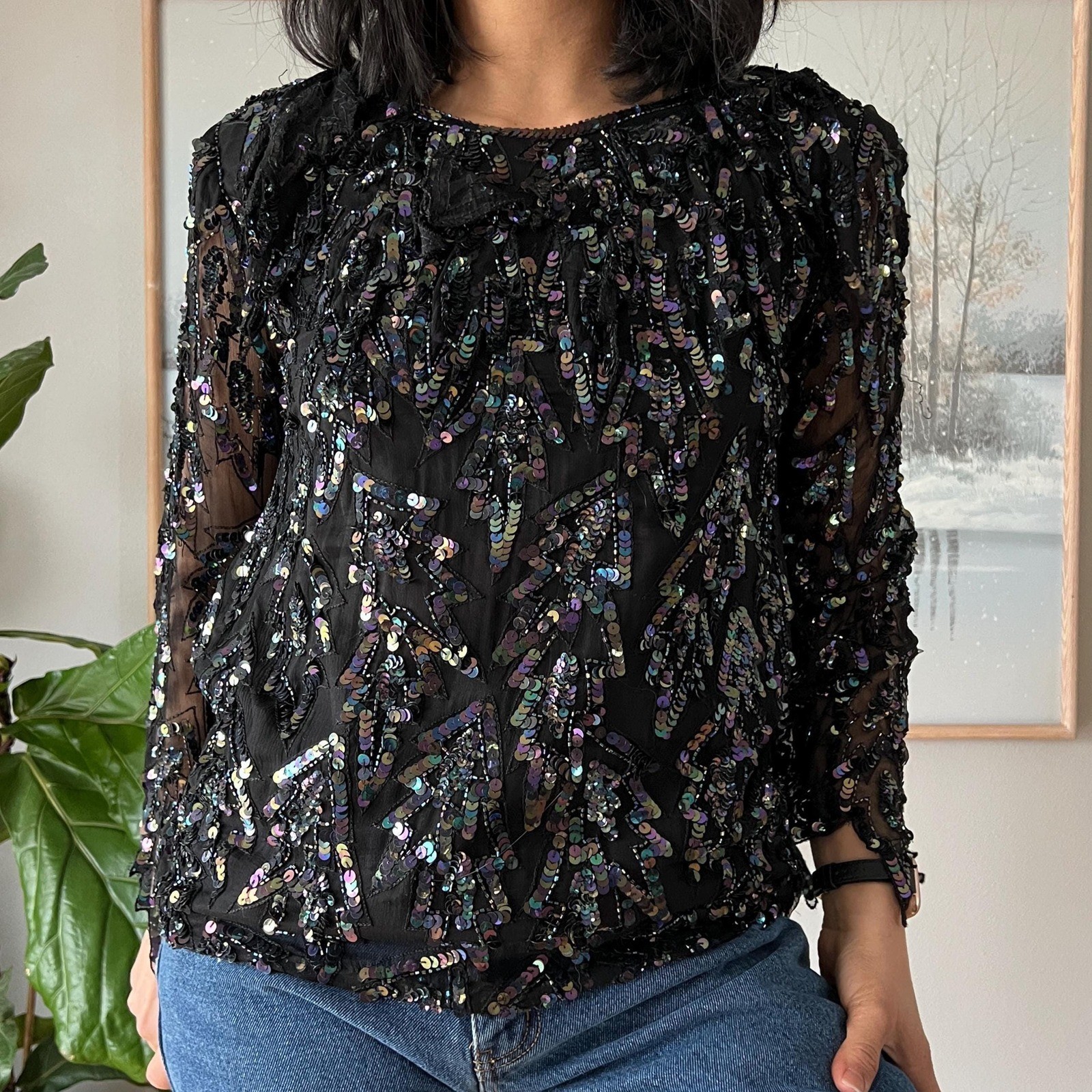 Vintage Silk Sequin Blouse Black Sheer Party Top 90s Y2K Glam Evening