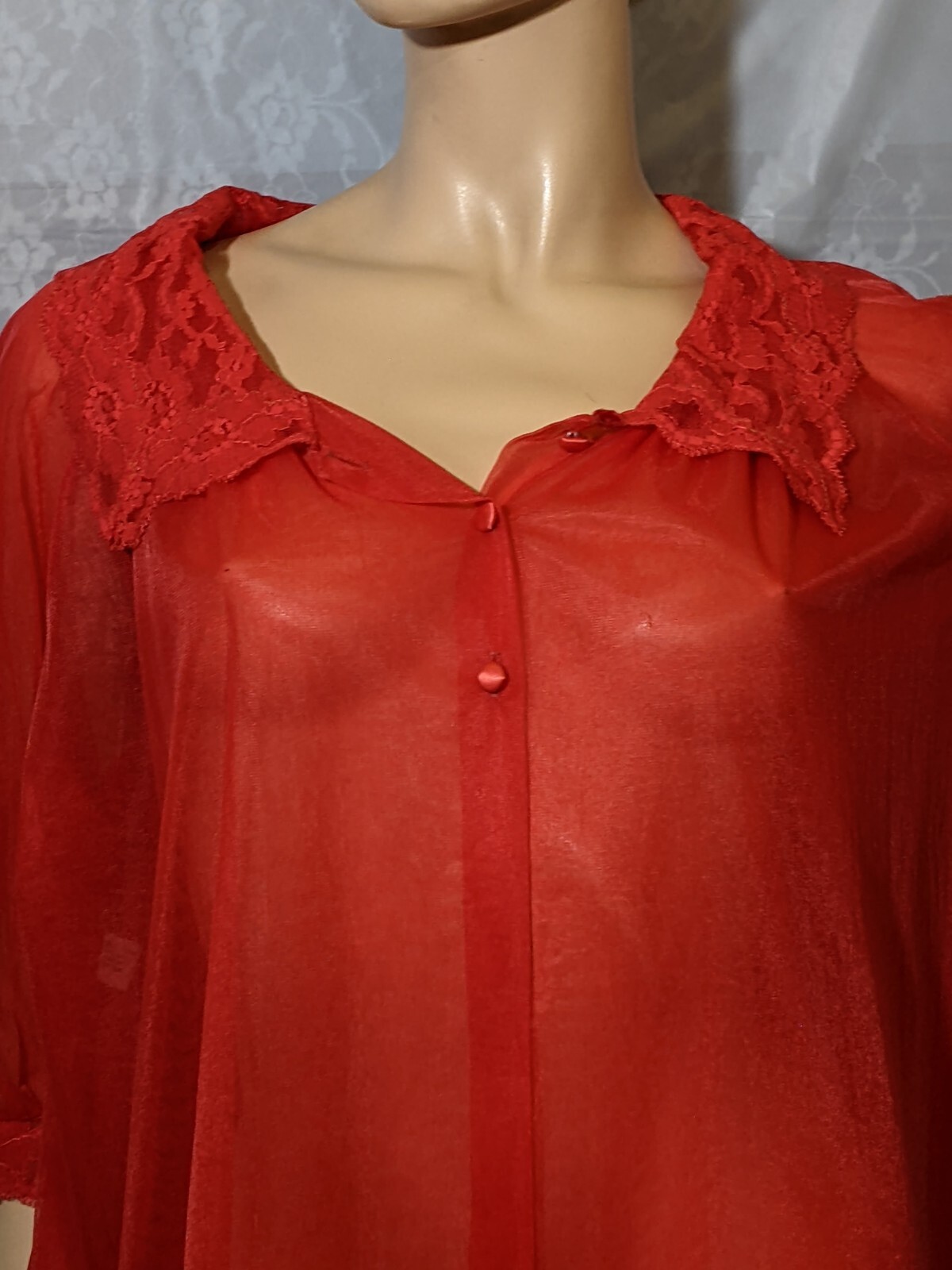 Vintage TEXSHEEN Red DOUBLE CHIFFON Lingerie Dress Satin Buttons Peignoir Robe M