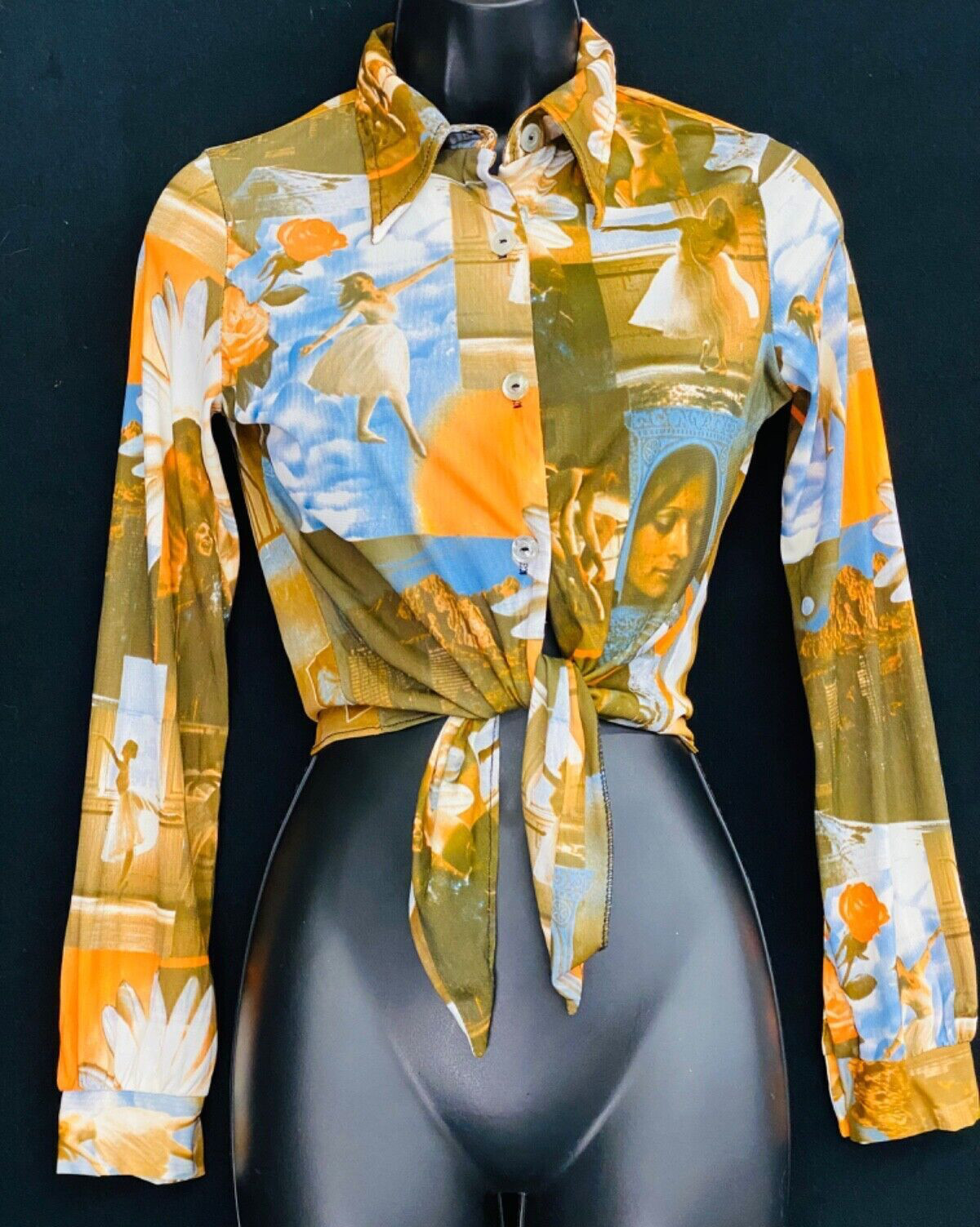 Vintage 1970s novelty print crop top, long sleeve ladies faces ballerina shirt