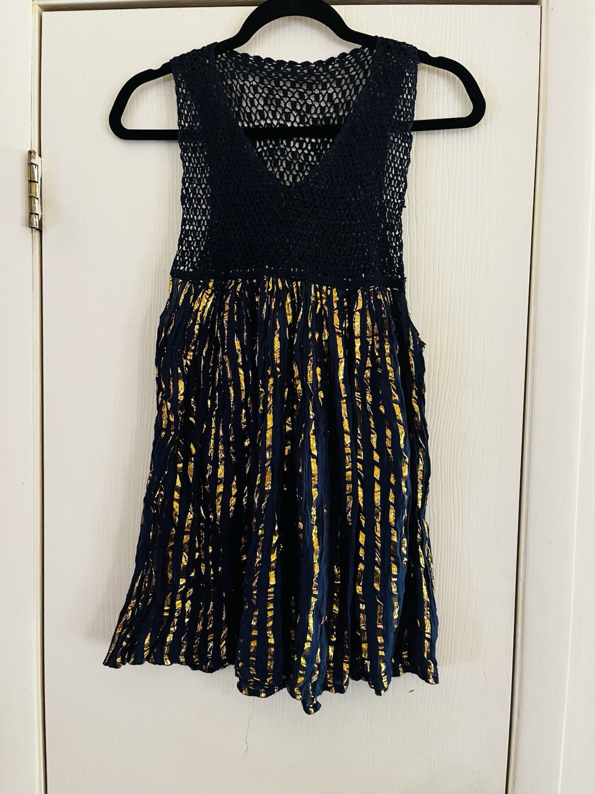 VTG 70s Metallic Thread Crochet Cotton Gauze Festival Boho Beach Tunic Blouse S