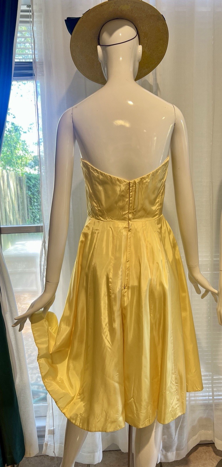 Vintage Buttercream Lined Yellow Strapless Satin Darted Boned Bust Circle Dress