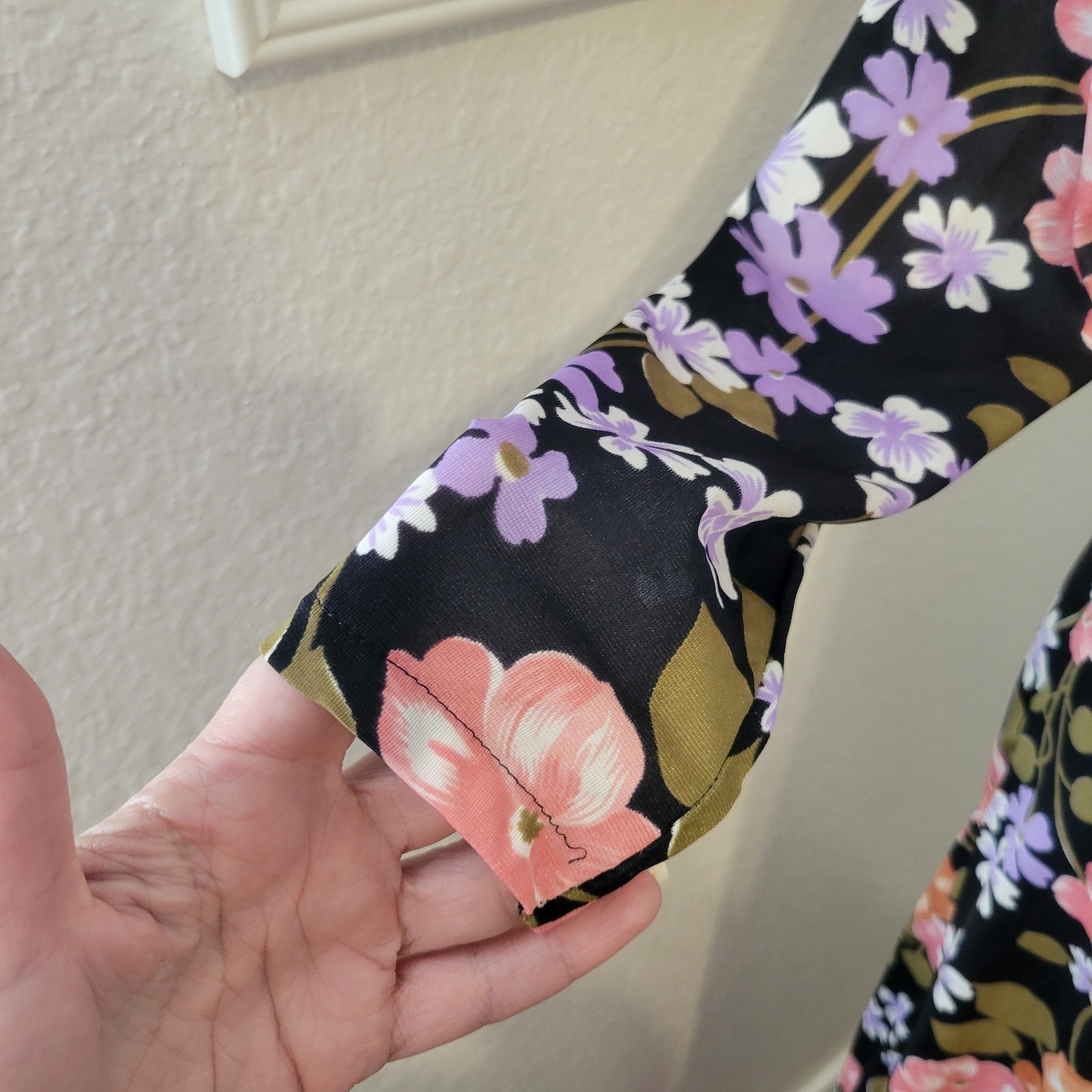 Vintage 70s 100% Antron Nylon Black Floral Maxi Dress Plunge Back Slinky Small