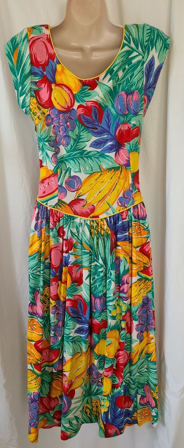 Vintage &rsquo;80s Studio E Bright Prairie Button Front Dress Fruit USA Size 9/10