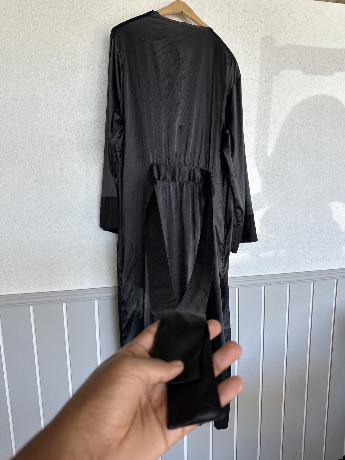 Vintage Cabernet Black Polyester Spandex Slip Dress & Robe w Belt Set Size XL