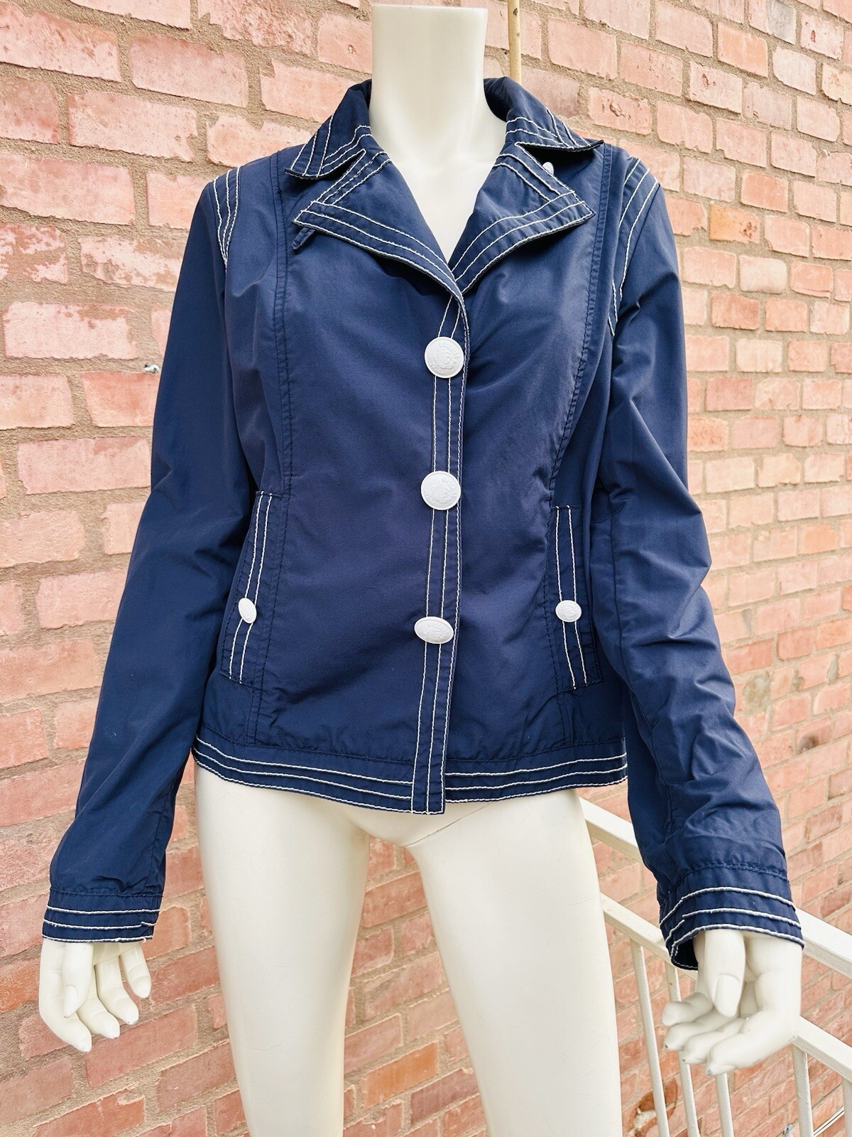 MOSCHINO Blazer Jacket Short Navy Blue White Popeye Buttons Cartoon Size IT 46 L