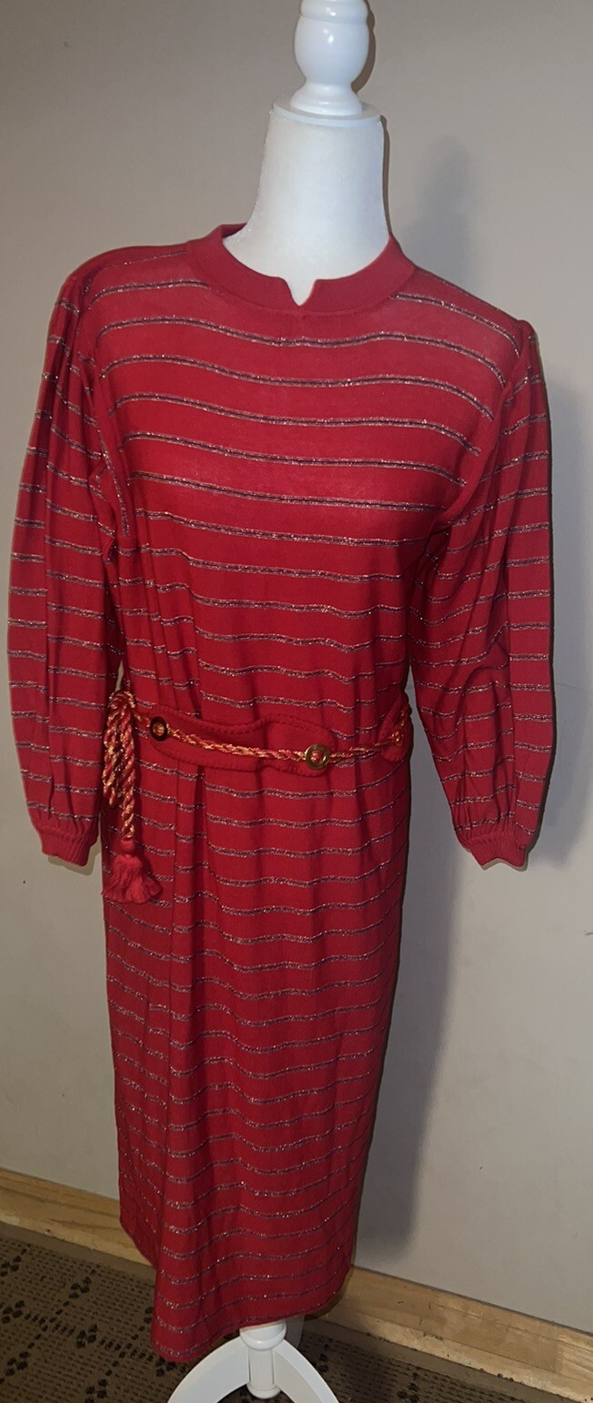 Vintage YVES SAINT LAURENT YSL Red Tricot knit Sweater Dress W/ Belt RARE M
