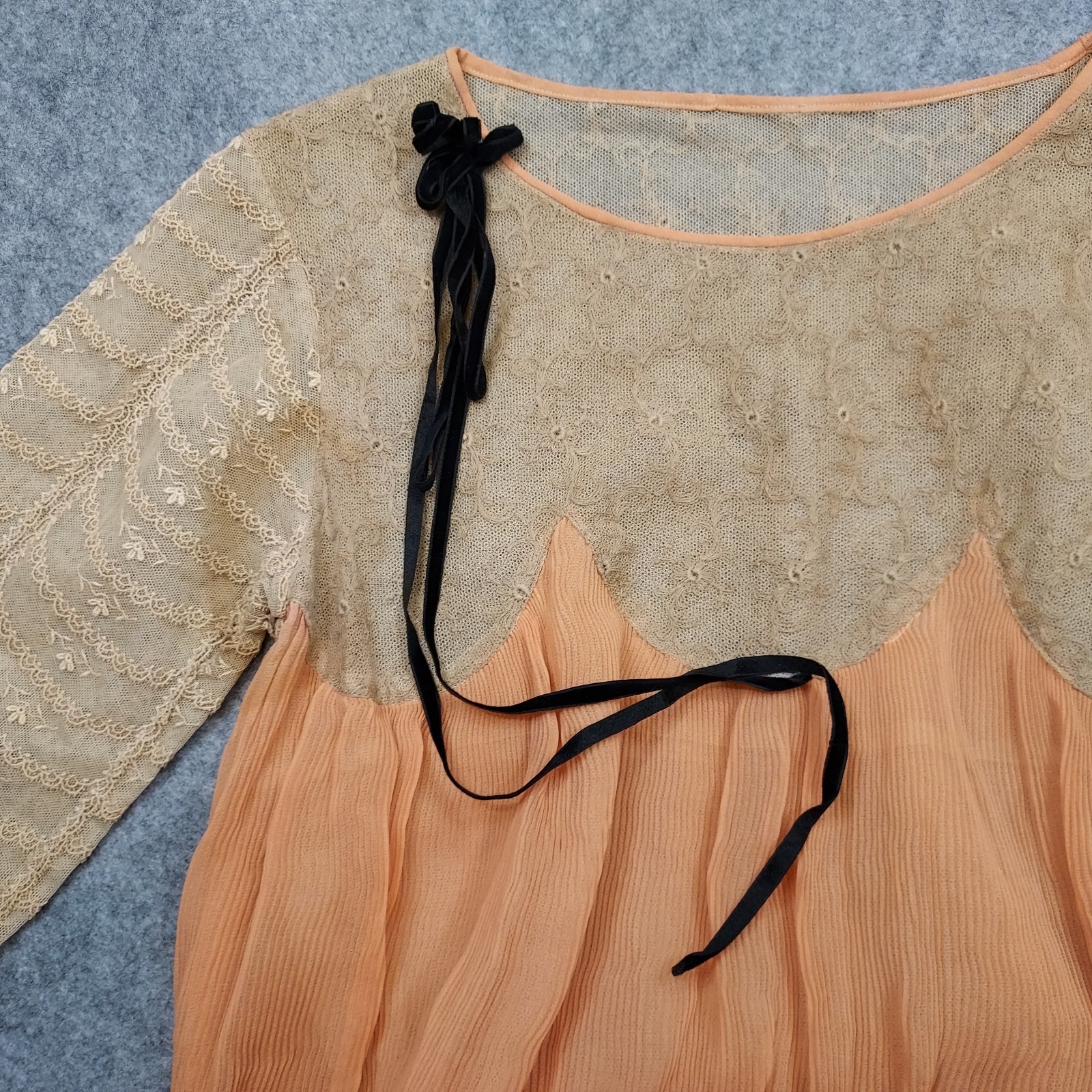 1910s Flapper Dress Lace Chiffon Authentic Peach Sash Titanic True Vintage