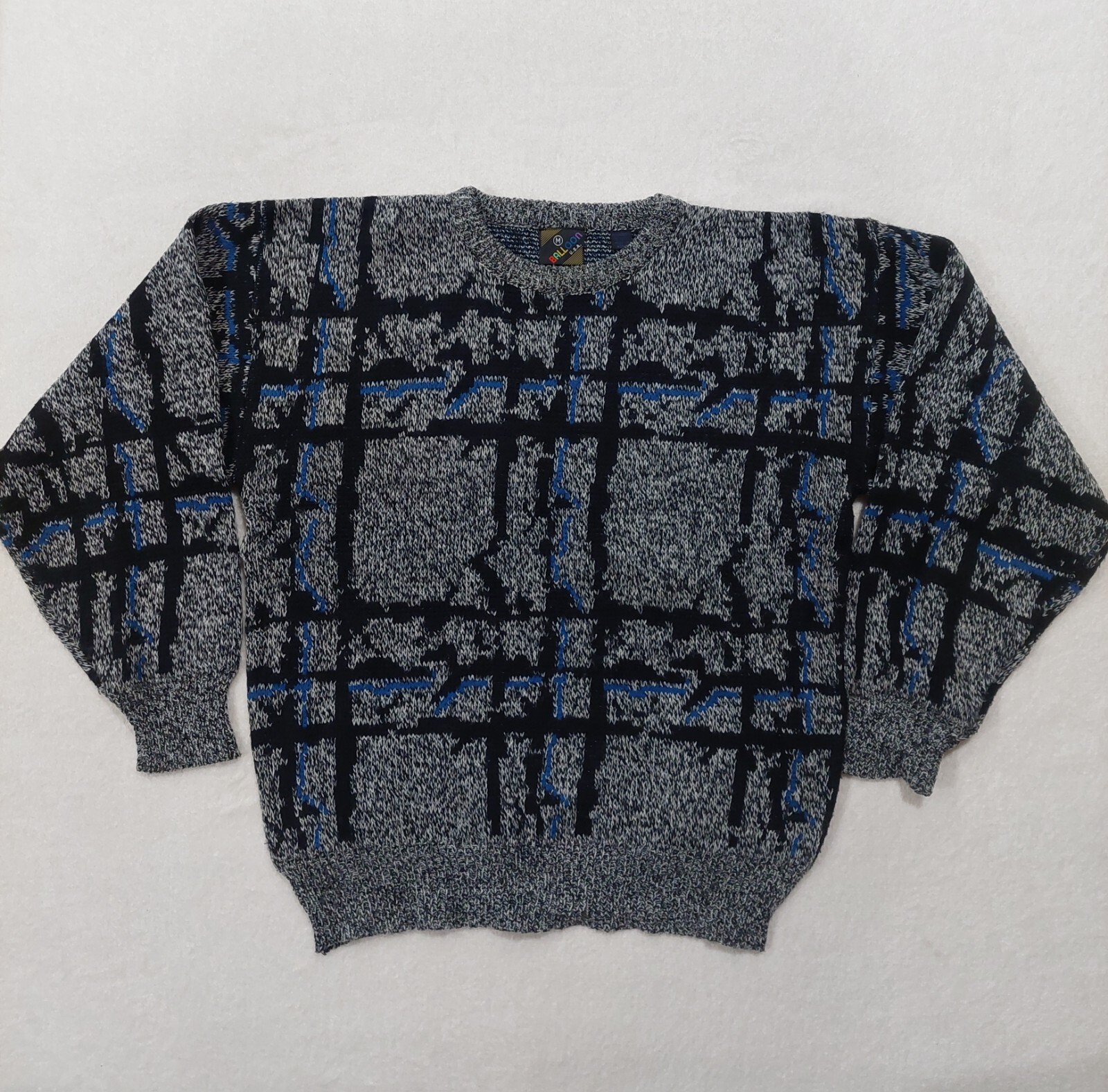 VTG 80s 90s Coogi Style Sweater Balloon Brand USA Pullover Black Gray Pattern M