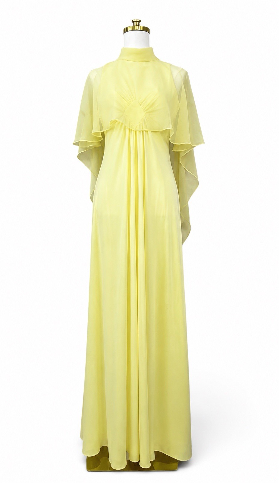 Vintage 70s Lorrie Deb Union Made Yellow Chiffon Maxi Dress Ruffle Cape