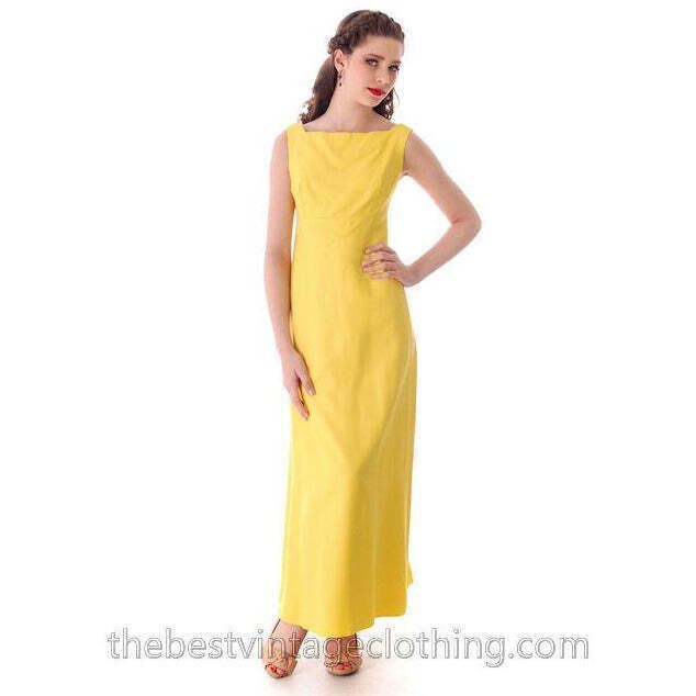 Vintage 60s Yellow Faille Maxi Evening Gown Lemon Rayon Madmen Style S