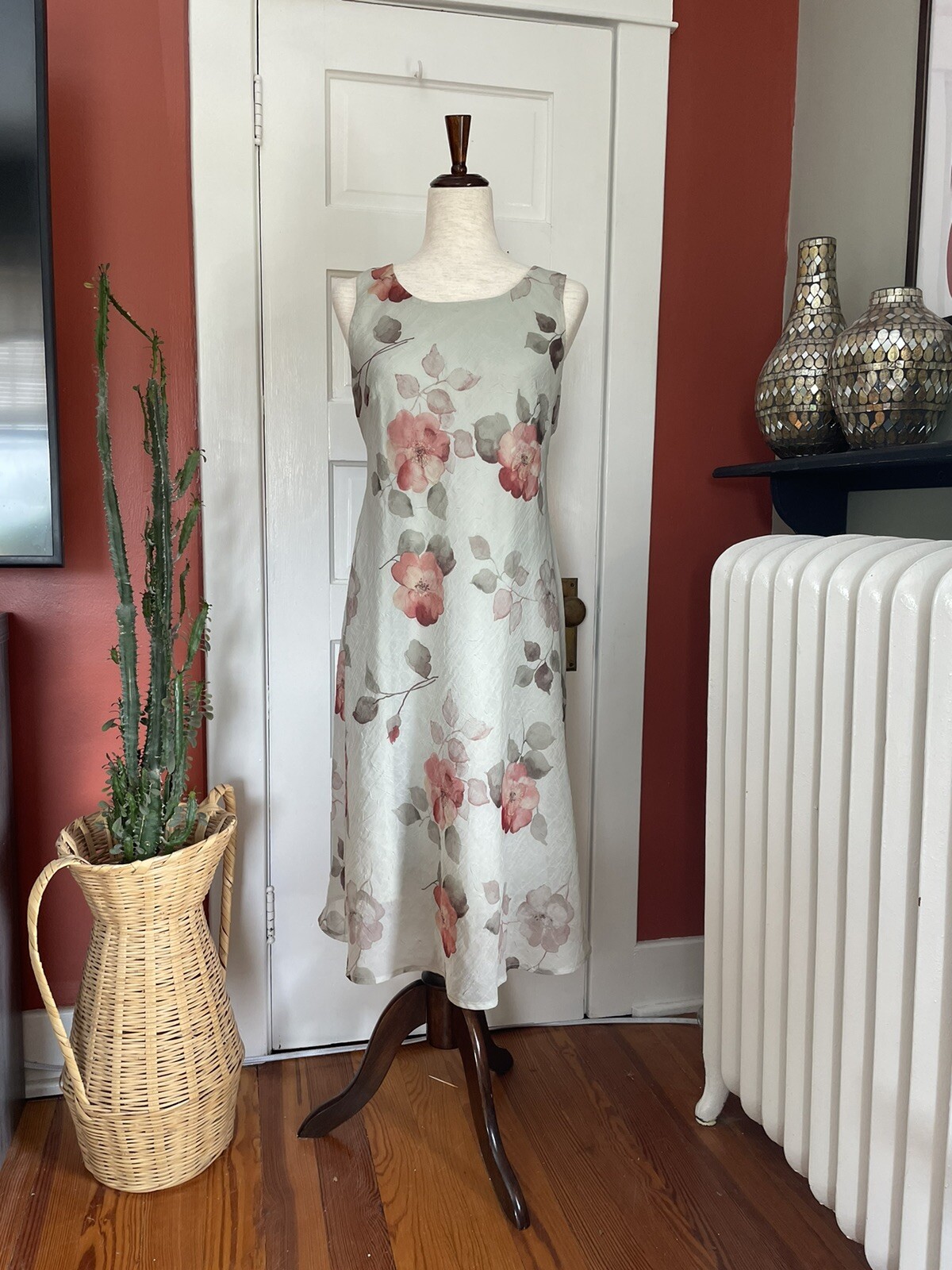 Vintage 80s 90s Sage Green Floral Chiffon Slip Dress Fairycore Soft Girl M/L