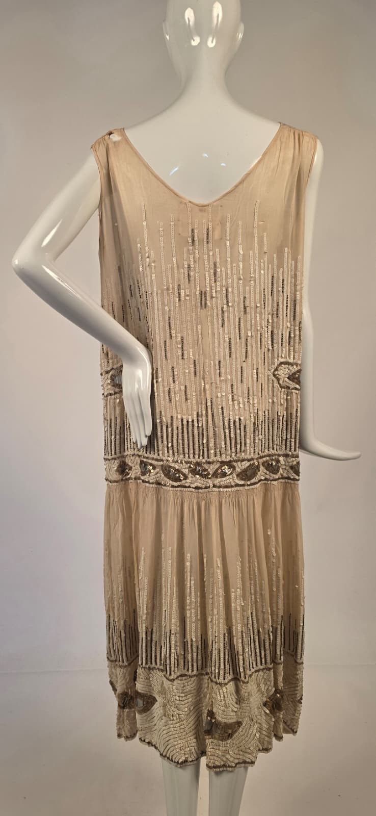 FRENCH COUTURE FLAPPER 1920’S SILK CHIFFON DRESS W SEQUINS + BEADS + SILVER LAME