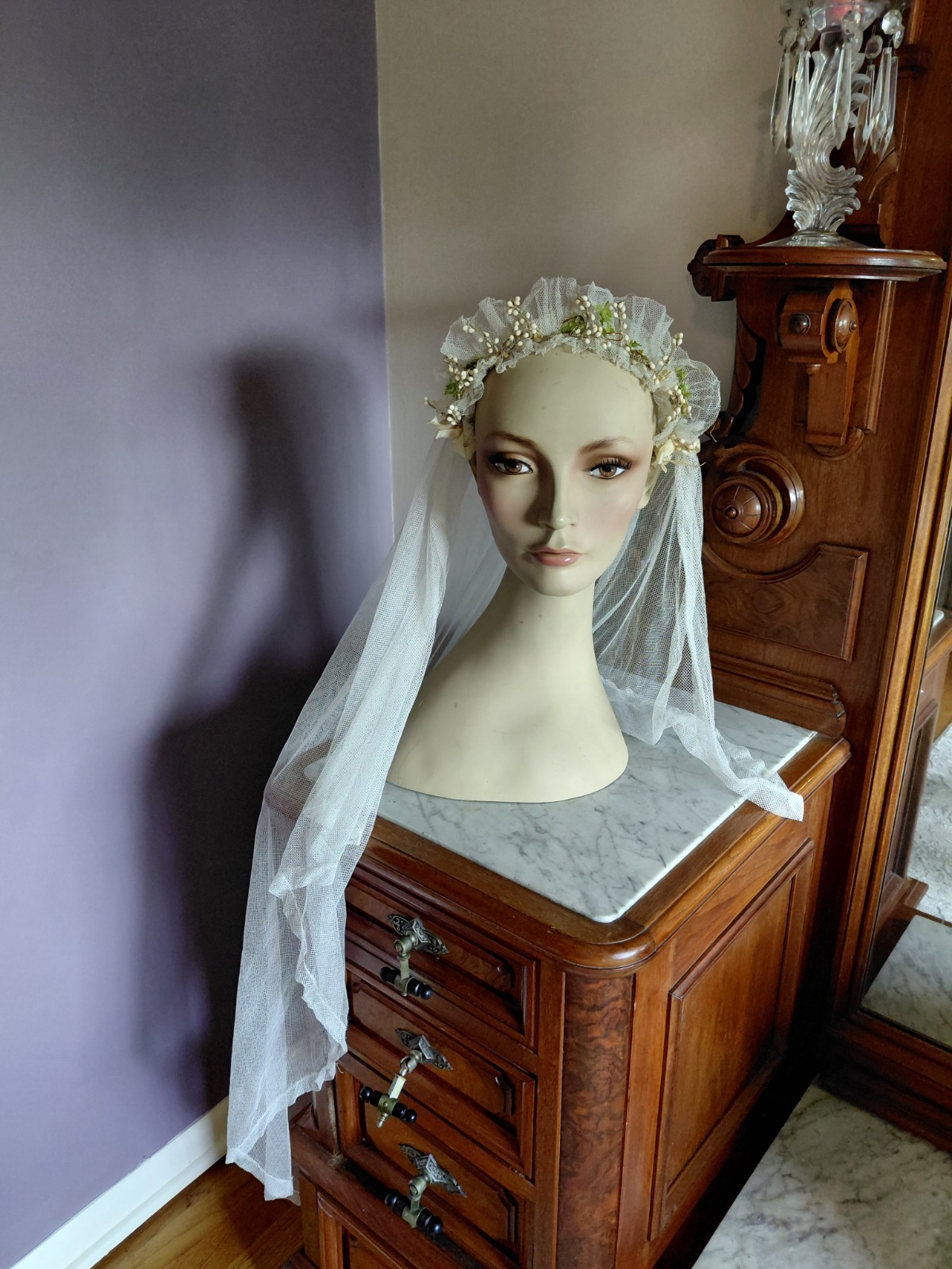 Antique Vintage 1920&rsquo;s Wedding Bridal Veil Wax Orange Blossom Buds Peach Ribbons