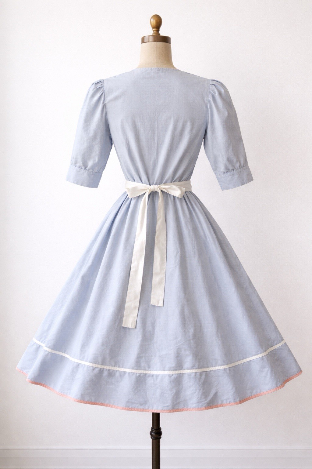 Vintage Cottagecore Dress Trad Wife Swing Dress Powder Blue Pink Trim 1950s