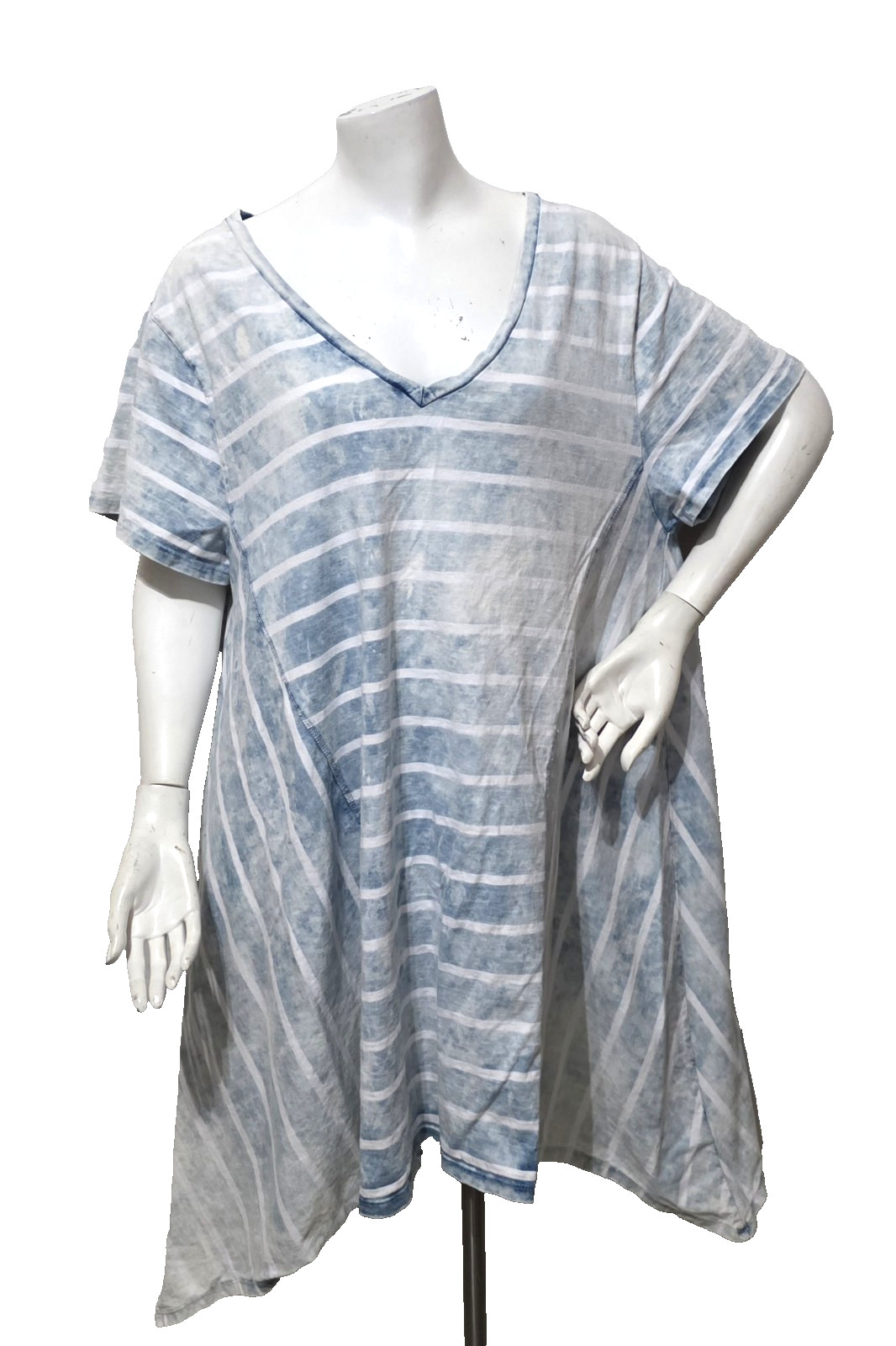 Nannette Lepore 2X Tunic Top Knit Long Distressed Blue White Stripe Grunge Beach