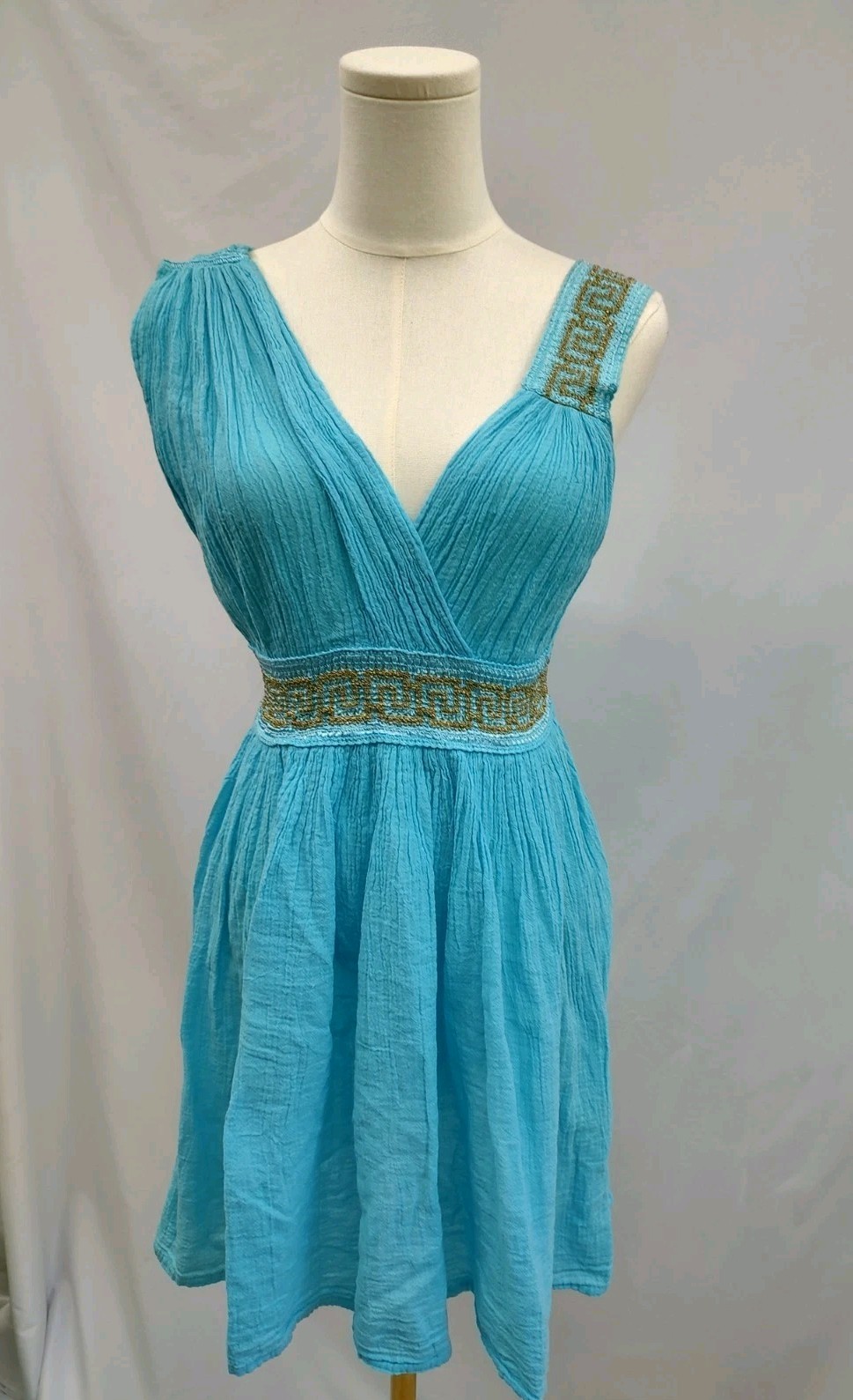Gauze Boho Dress Festival Summer Beach Look Bright Blue Greek Key Embroidery M/L