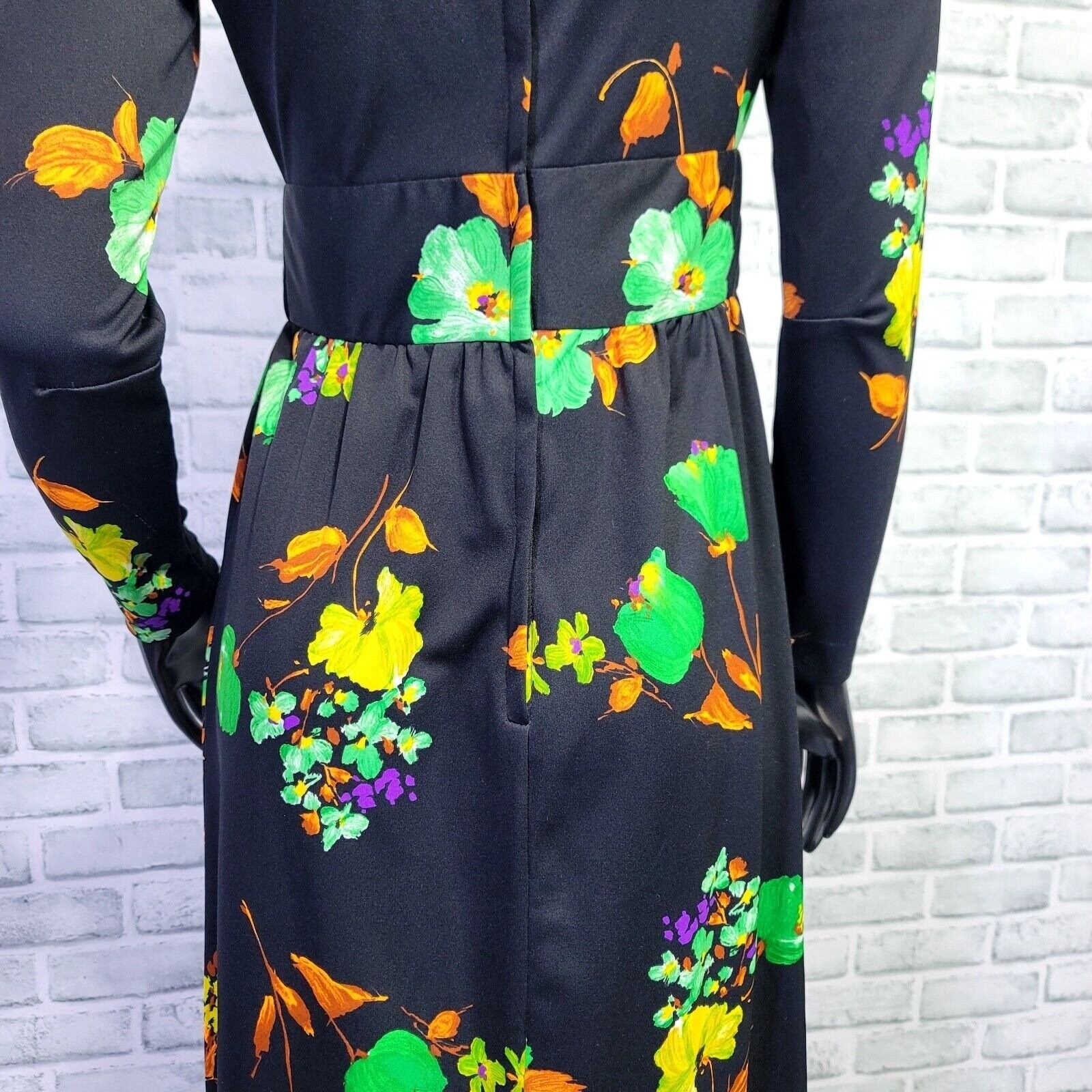 Vintage 70s Black Floral Maxi Dress S Cowl Neck Long Sleeve Mod Boho Glam