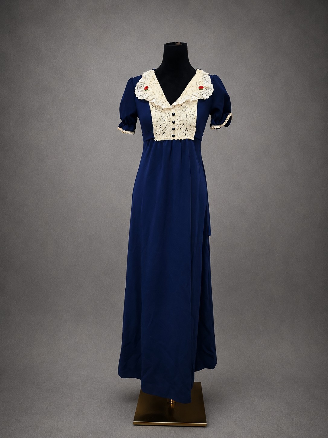 VTG 1970s Blue Prairie Maxi Dress Lace Bib Empire Waist Cottagecore Boho Romanti