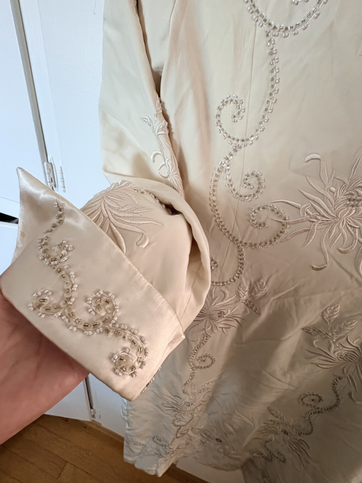 Sue Wong Rare Vintage Silk, Beaded, Embroidered Evening Coat W/ Faux Fur Collar