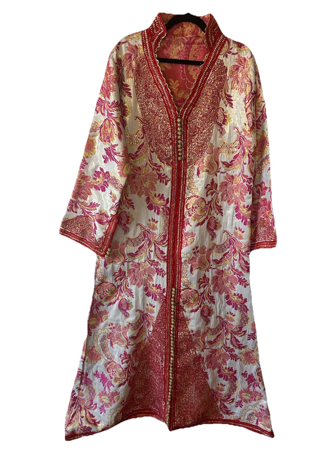 Vintage 1970’s Moroccan Brocade Kaftan Maxi Dress Pink Gold Embroidered L/XL