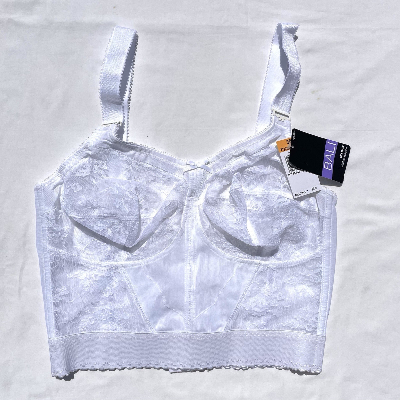 Vintage Sky Bali Longline Wirefree Bra 38DD White Lace 3300 Romantic
