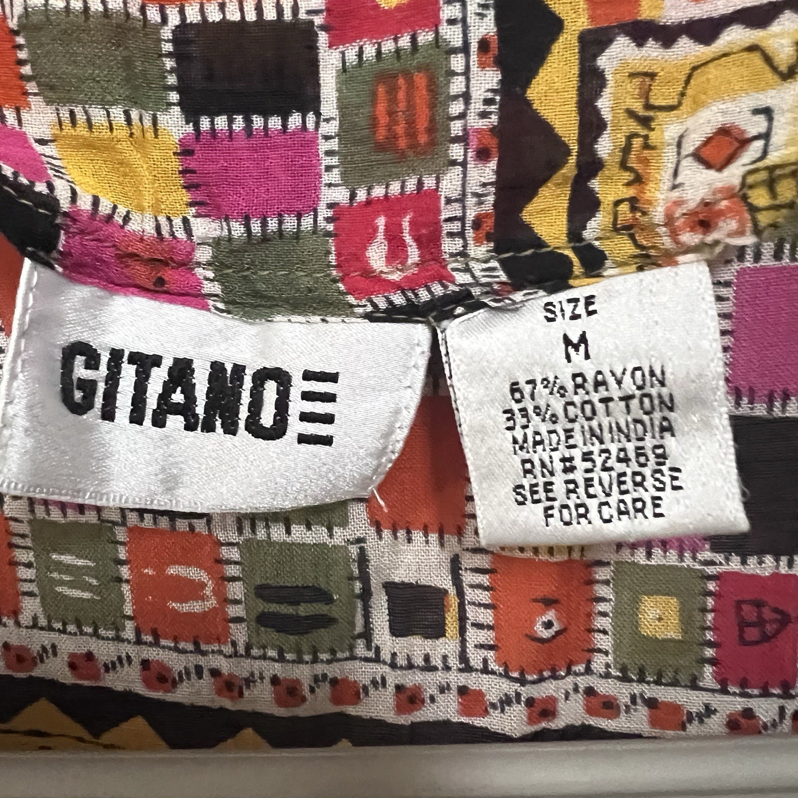 Vintage Gitano Blouse M Patchwork Floral Ruffle Collar Rayon Cotton 80s 90s Top